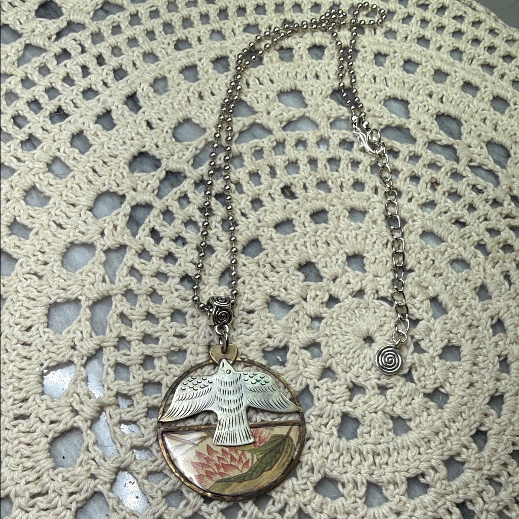 Silver Bird  Vintage Tin Pendant Necklace
